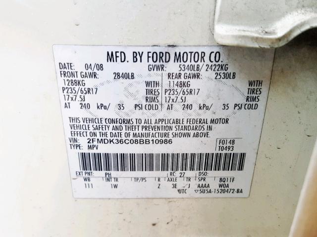 2FMDK36C08BB10986 - 2008 FORD EDGE SE WHITE photo 10