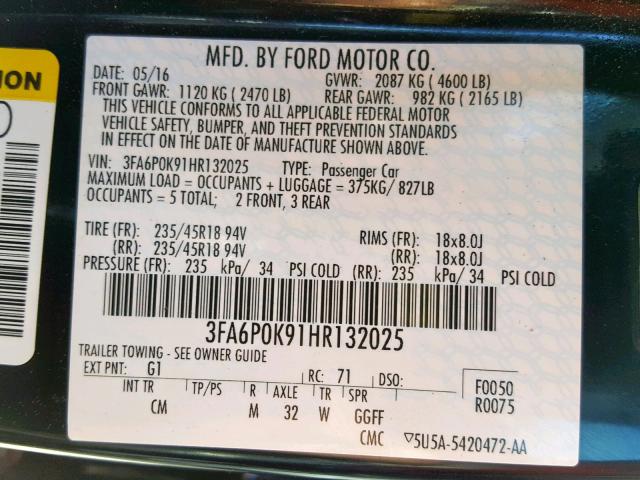 3FA6P0K91HR132025 - 2017 FORD FUSION TIT BLACK photo 10