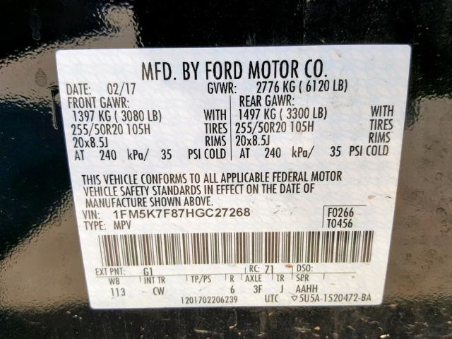 1FM5K7F87HGC27268 - 2017 FORD EXPLORER L BLACK photo 10