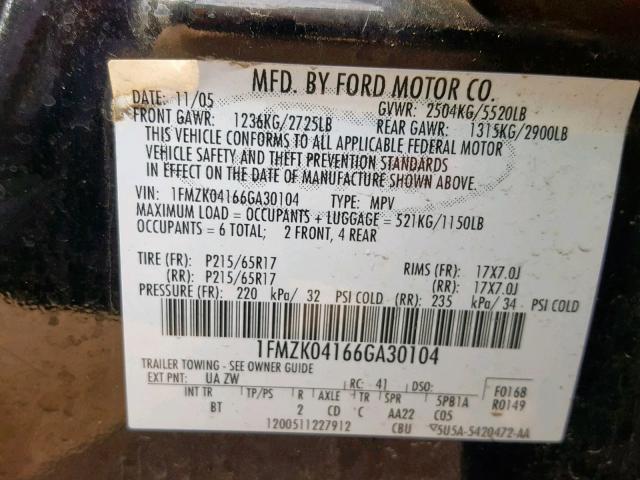 1FMZK04166GA30104 - 2006 FORD FREESTYLE BLACK photo 10