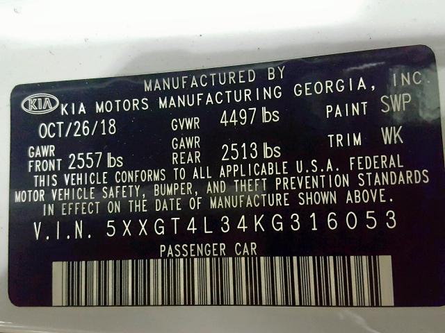 5XXGT4L34KG316053 - 2019 KIA OPTIMA LX WHITE photo 10