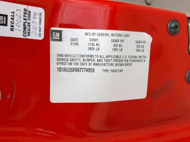 1G1AL55F067774859 - 2006 CHEVROLET COBALT LT RED photo 10