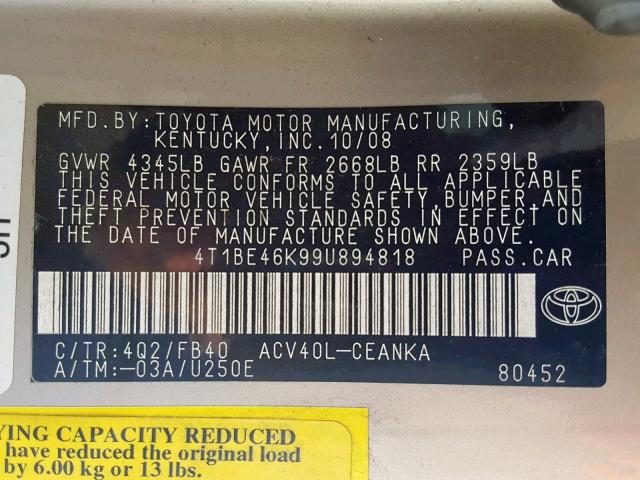 4T1BE46K99U894818 - 2009 TOYOTA CAMRY BASE GOLD photo 10