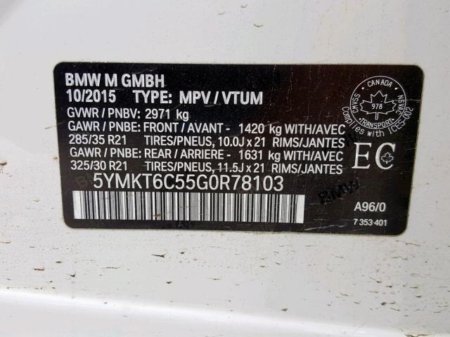 5YMKT6C55G0R78103 - 2016 BMW X5 M WHITE photo 10