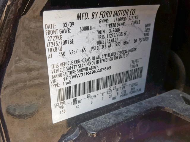 1FTWW31R49EA67689 - 2009 FORD F350 SUPER BLACK photo 10