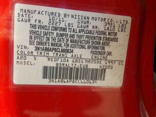 3N1AB6AP8CL660634 - 2012 NISSAN SENTRA 2.0 RED photo 10