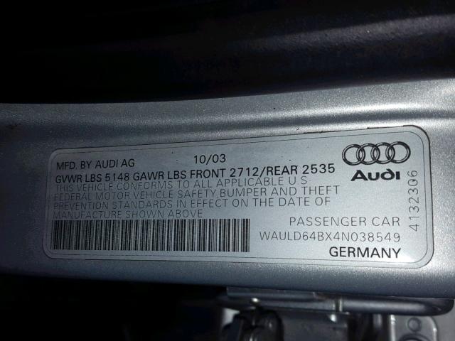 WAULD64BX4N038549 - 2004 AUDI A6 SILVER photo 10