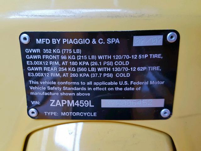 ZAPM459L375006452 - 2007 VESPA GTS 250 YELLOW photo 10