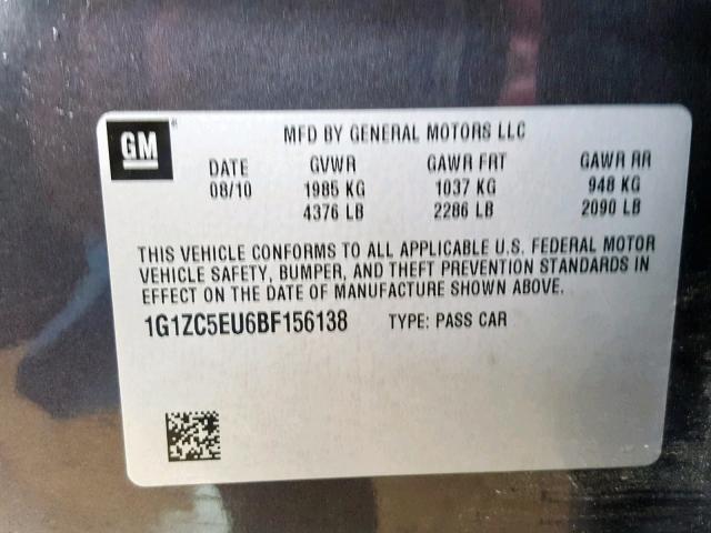 1G1ZC5EU6BF156138 - 2011 CHEVROLET MALIBU 1LT 黑色 照片 10