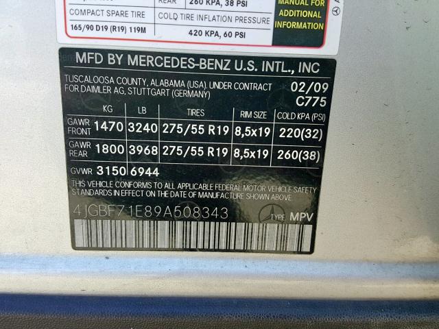 4JGBF71E89A508343 - 2009 MERCEDES-BENZ GL 450 4MA SILVER photo 10