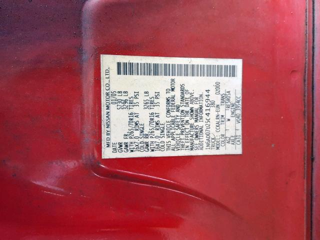 1N6AD07U25C416944 - 2005 NISSAN FRONTIER C RED photo 10