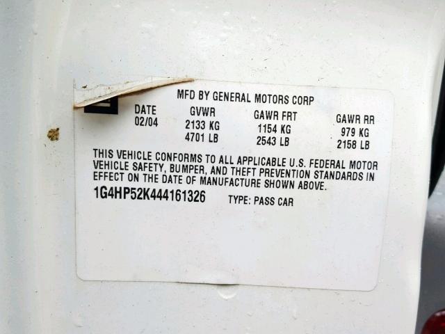 1G4HP52K444161326 - 2004 BUICK LESABRE CU WHITE photo 10