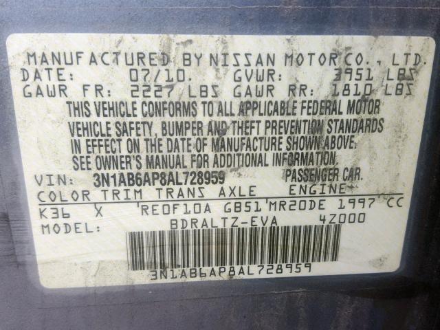 3N1AB6AP8AL728959 - 2010 NISSAN SENTRA 2.0 SILVER photo 10