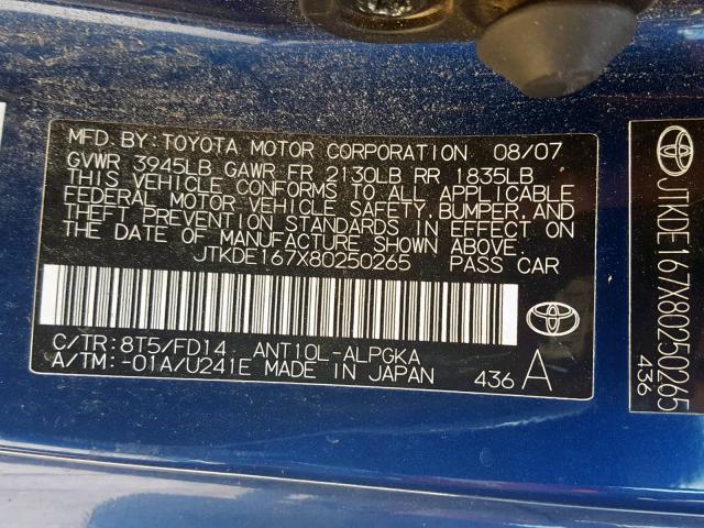 JTKDE167X80250265 - 2008 TOYOTA SCION TC BLUE photo 10
