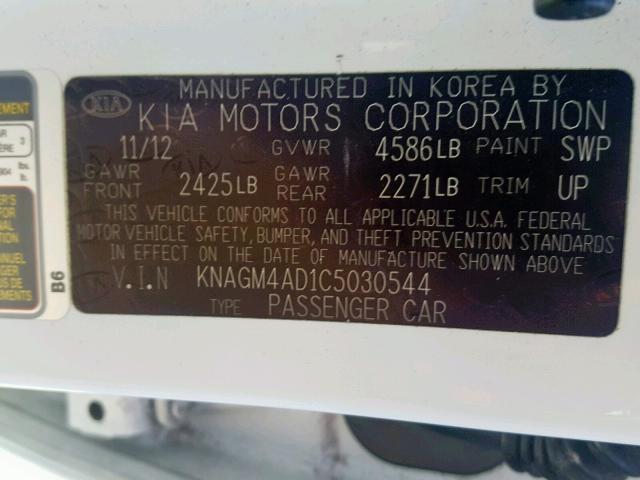 KNAGM4AD1C5030544 - 2012 KIA OPTIMA HYB WHITE photo 10