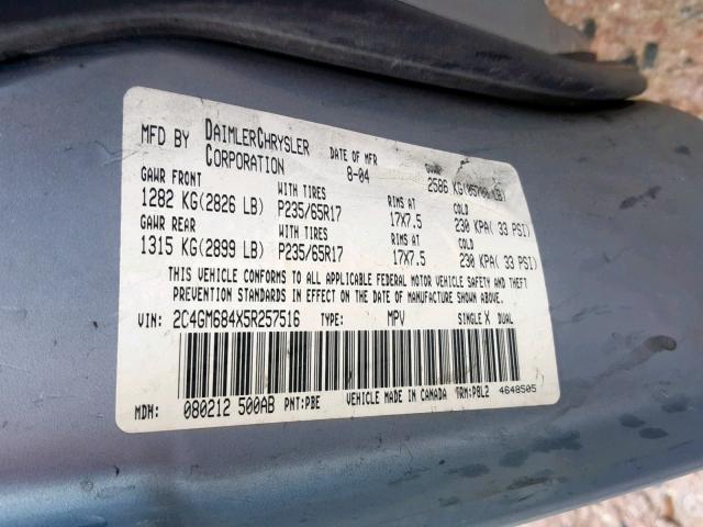 2C4GM684X5R257516 - 2005 CHRYSLER PACIFICA T BLUE photo 10