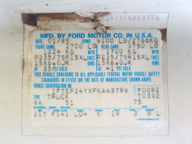 1FTEF14YXFKA63789 - 1985 FORD F150  photo 10