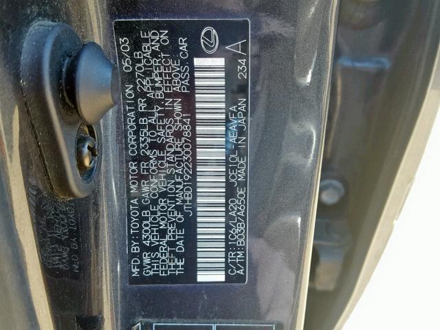 JTHBD192230078841 - 2003 LEXUS IS 300 GRAY photo 10