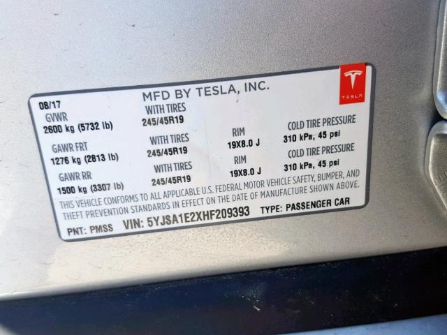 5YJSA1E2XHF209393 - 2017 TESLA MODEL S SILVER photo 10