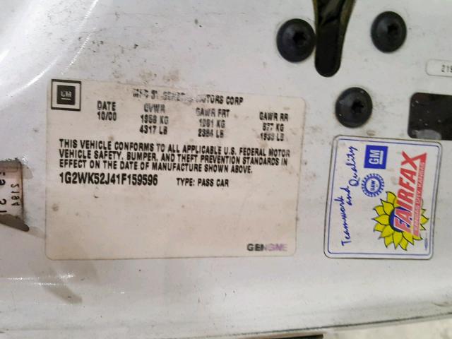 1G2WK52J41F159596 - 2001 PONTIAC GRAND PRIX WHITE photo 10