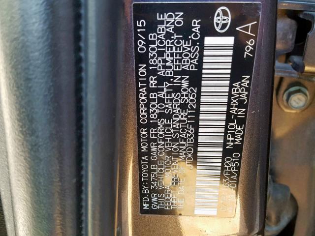 JTDKDTB36F1112052 - 2015 TOYOTA PRIUS C GRAY photo 10