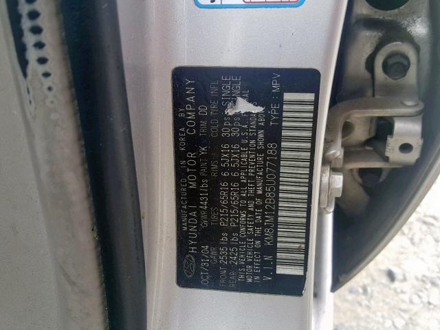 KM8JM12B85U077188 - 2005 HYUNDAI TUCSON GL SILVER photo 10