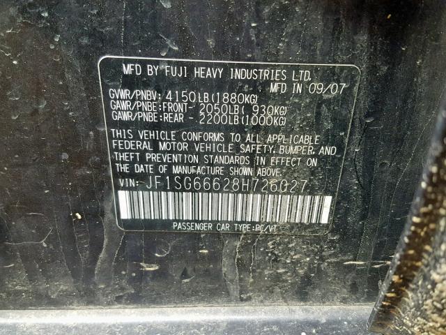 JF1SG66628H726027 - 2008 SUBARU FORESTER S GRAY photo 10