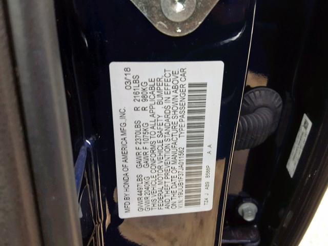 19UUB1F37JA011562 - 2018 ACURA TLX BLUE photo 10