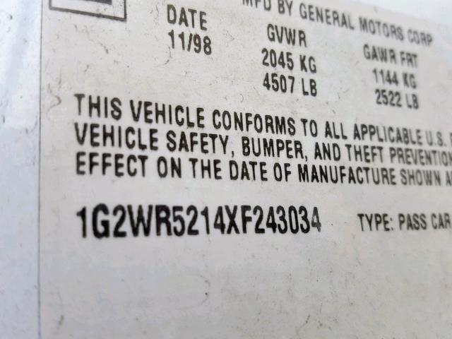 1G2WR5214XF243034 - 1999 PONTIAC GRAND PRIX WHITE photo 10