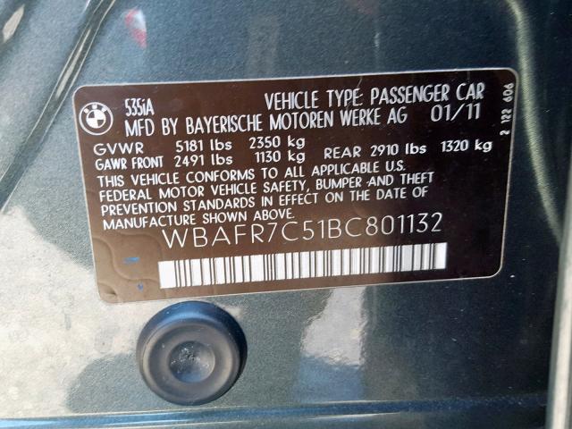 WBAFR7C51BC801132 - 2011 BMW 535 I GRAY photo 10