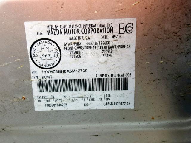 1YVHZ8BH8A5M12739 - 2010 MAZDA 6 I SILVER photo 10