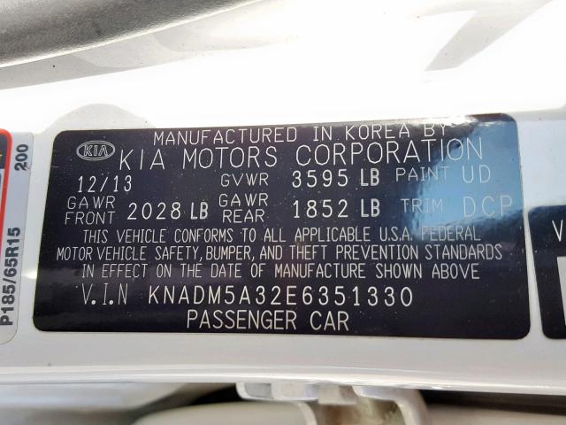 KNADM5A32E6351330 - 2014 KIA RIO LX WHITE photo 10