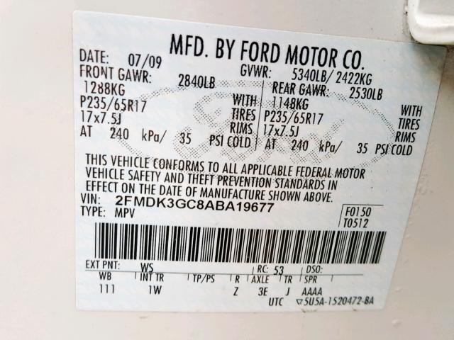 2FMDK3GC8ABA19677 - 2010 FORD EDGE SE WHITE photo 10