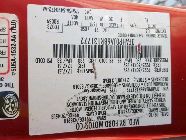 3FAHP0JA6BR131772 - 2011 FORD FUSION SEL RED photo 10