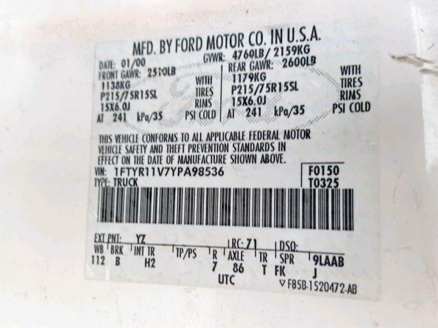 1FTYR11V7YPA98536 - 2000 FORD RANGER WHITE photo 10