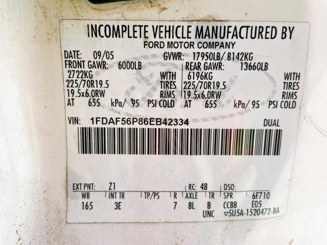 1FDAF56P86EB42334 - 2006 FORD F550 SUPER WHITE photo 10