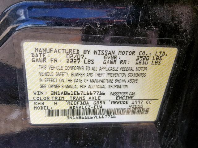 3N1AB61E67L667716 - 2007 NISSAN SENTRA 2.0 BLACK photo 10