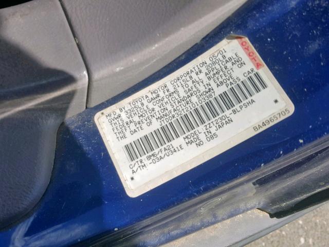 JTDDR32T210103387 - 2001 TOYOTA CELICA GT BLUE photo 10