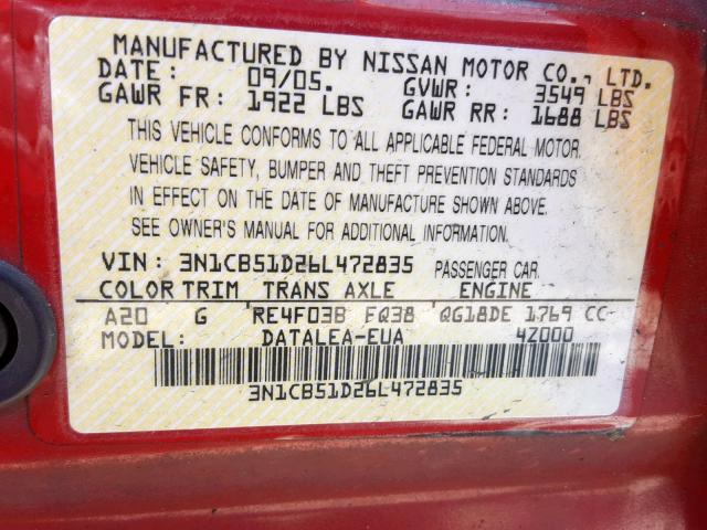 3N1CB51D26L472835 - 2006 NISSAN SENTRA 1.8 RED photo 10