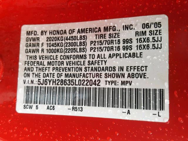 5J6YH28635L022042 - 2005 HONDA ELEMENT EX RED photo 10