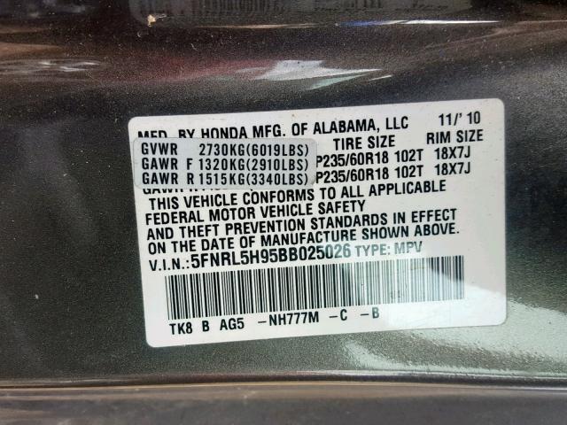 5FNRL5H95BB025026 - 2011 HONDA ODYSSEY TO GRAY photo 10