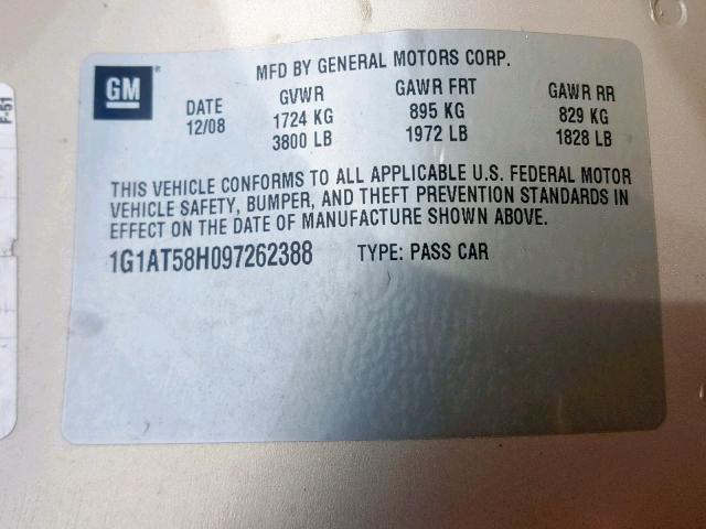 1G1AT58H097262388 - 2009 CHEVROLET COBALT LT TAN photo 10