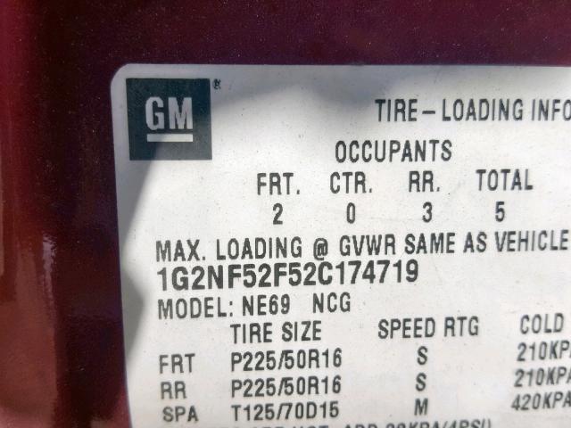 1G2NF52F52C174719 - 2002 PONTIAC GRAND AM S BURGUNDY photo 10