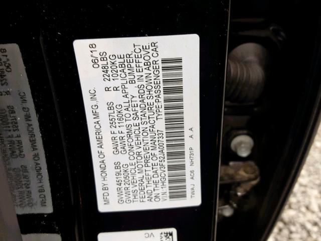 1HGCV3F52JA007337 - 2018 HONDA ACCORD HYB BLACK photo 10