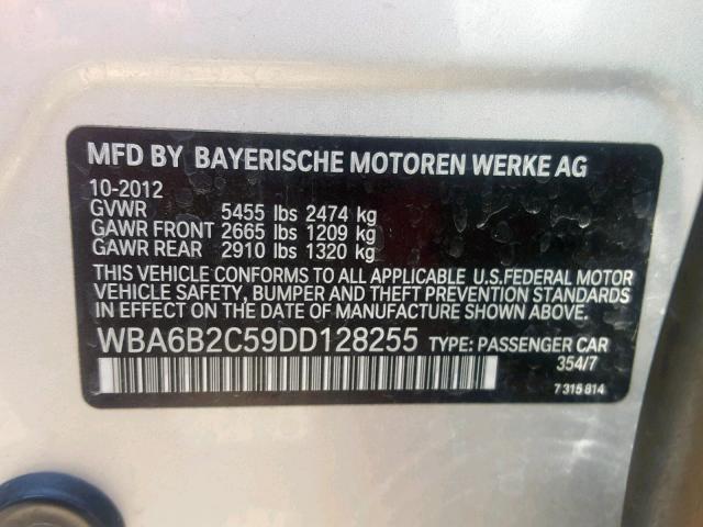 WBA6B2C59DD128255 - 2013 BMW 650 I SILVER photo 10