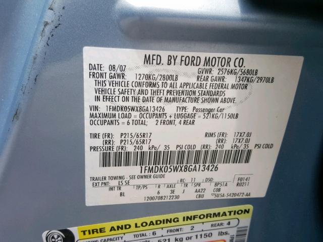 1FMDK05WX8GA13426 - 2008 FORD TAURUS X S BLUE photo 10