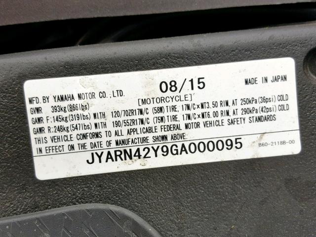 JYARN42Y9GA000095 - 2016 YAMAHA YZFR1S C GRAY photo 10