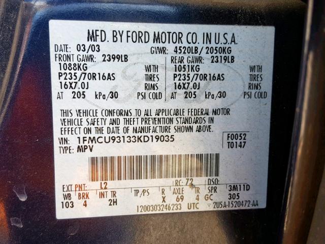 1FMCU93133KD19035 - 2003 FORD ESCAPE XLT BLUE photo 10