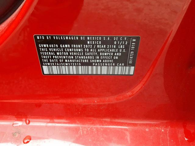 3VW2K7AJ3CM372319 - 2012 VOLKSWAGEN JETTA BASE RED photo 10