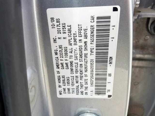 1HGCP26469A059531 - 2009 HONDA ACCORD LXP SILVER photo 10